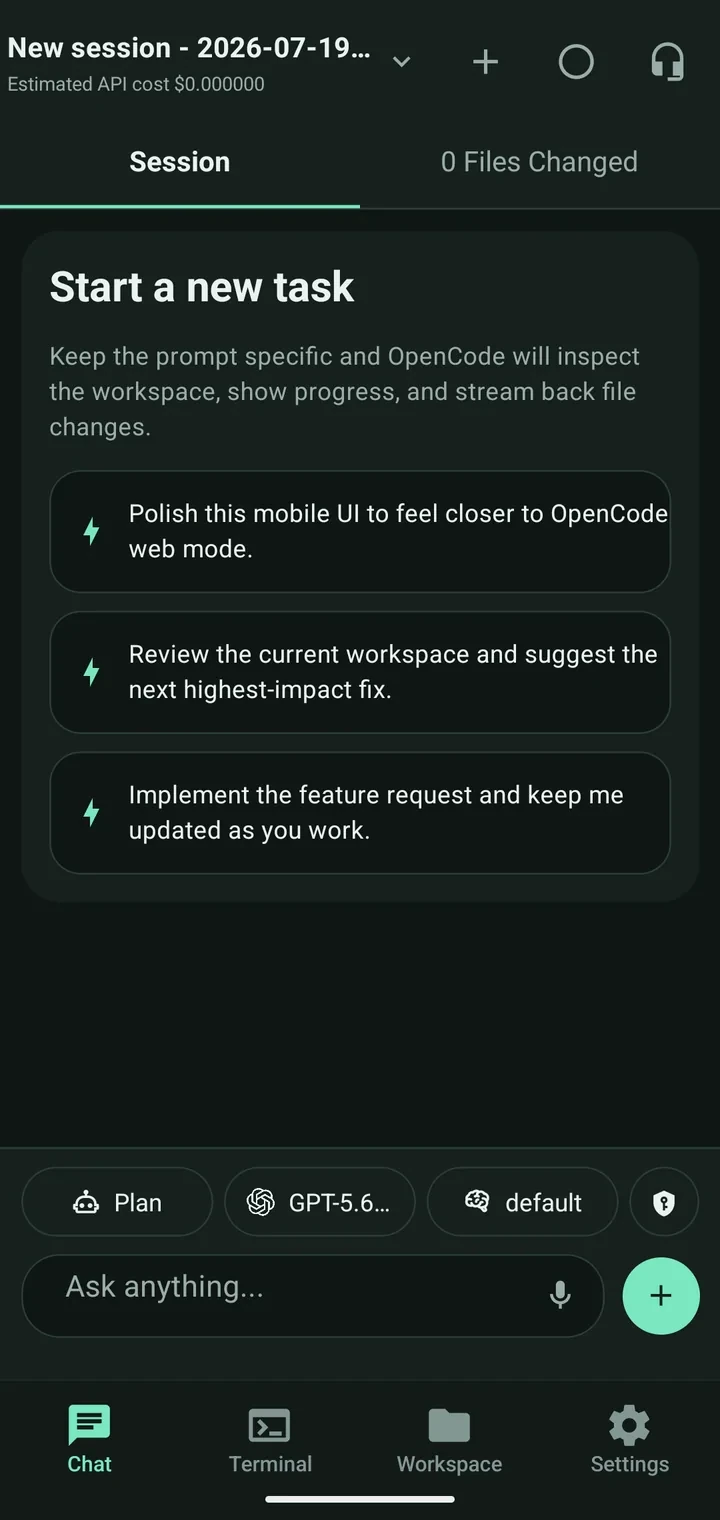 OpenCode Mobile Chat screen showing a new task, session controls, and the message composer