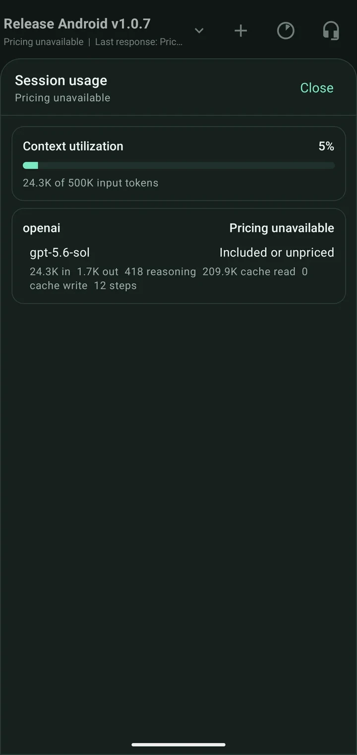 OpenCode Mobile session usage screen showing context utilization and model token usage